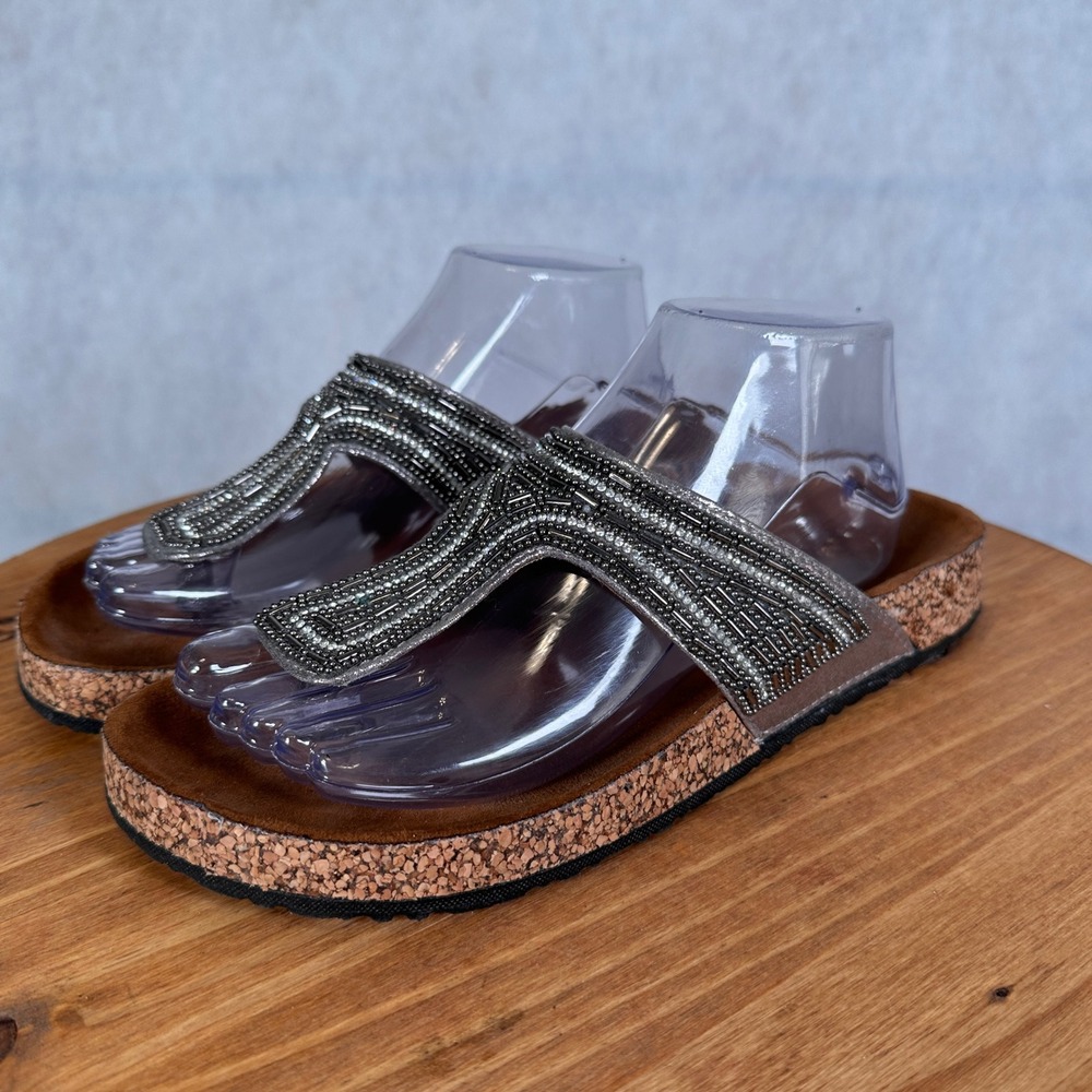 Daytrip Beaded Thong Sandals Womens 8 Pewter Grey Good Boho Cork Slides
